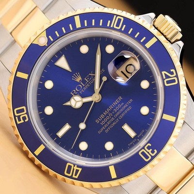 2002 ROLEX MENS SUBMARINER 16613LB 40MM BLUE DIAL 18K GOLD STAINLESS STEEL WATCH