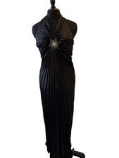 Black Satin Pleated Halter Neck Long Evening Dress Diamante Brooch 12
