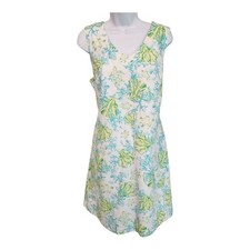 J.Jill Love Linen Dress Medium White Green Blue Sleeveless V Neck Coral Turtle