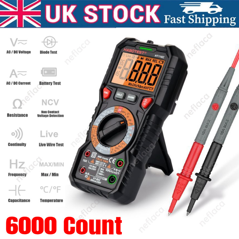 6000 Count Digital Multimeter True RMS Manual Ranging NCV LCD Temp Flashlight UK