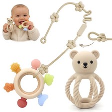 Baby Teething Rattle Toy, 3-in-1 Silicone Teether, Infant Sensory Toys