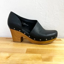Korks Arielle Kork Ease Black Leather Wood Heel Clogs D'Orsay Shoes Size 9