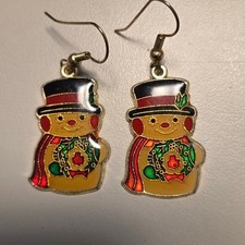 Vintage Enamel Snowman Earrings Christmas Holiday Dangle Jewelry