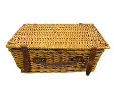 Vintage Woven Picnic Basket with Handle Rustic Farmhouse Storage Camping Decor