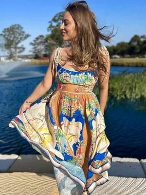 CHRISTIAN LACROIX スウェード ロングベスト ワンピ N2469 Cristian Lacroix Multicolor Nautical Map Linen Blend Alight Picnic