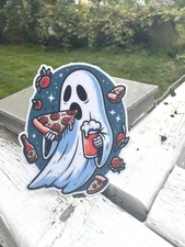 Cute Ghost Eating Pizza and Drinking Beer Sticker - Fun Halloween Vinyl Decal f