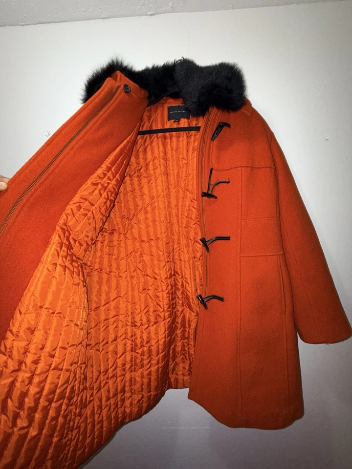 Banana Republic Orange Wool Toggle Coat L Faux Fur Hood Detachable Trim Damage - Изображение 4 из 4