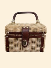 1950s 1960s Vintage Wicker Box Purse British Hong Kong Rattan Handbag