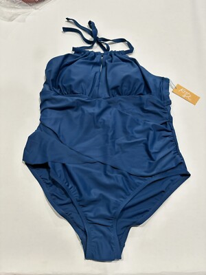 Women's Plus Size High Neck Keyhole One Piece Swimsuit - Kona Sol Blue 20W