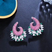Silver Plated Hot Pink Drop Symmetrical Earrings CZ Zirconia Women Party Jewelry