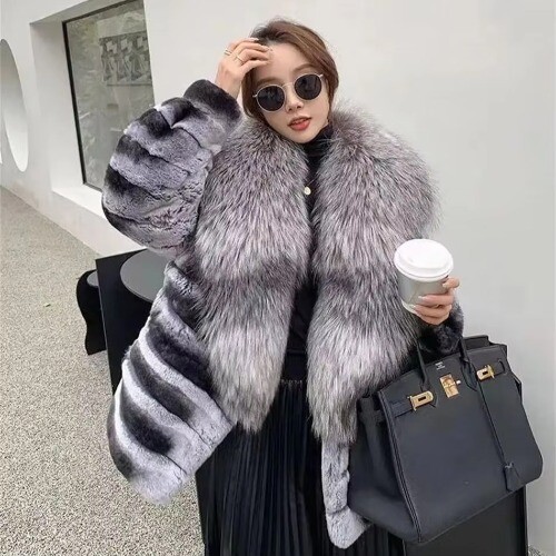 Natural Rabbit Fur Coat Women Monochromatic Hood Warm Large Fur Collar Winter - Bild 15 von 15