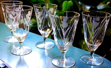 Vtg Set 5 Hand Cut Floral & Arch OPTIC DEPRESSION GLASS Iced Tea Goblets 6.25"