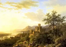 Oil painting berckheyde - travellers on path in an extensive rhineland landscape