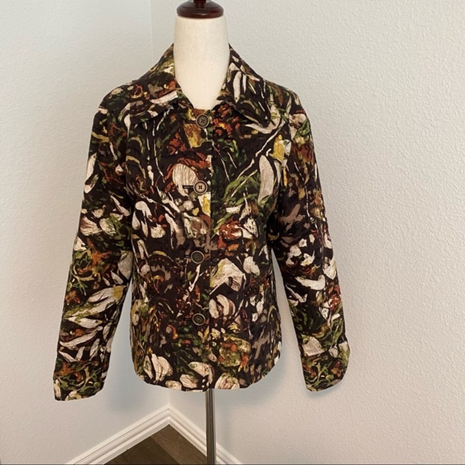 CHICO'S Floral Pattern Bomber Jacket Chocolate Br… - image 1