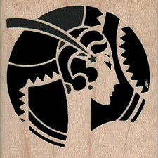 Deco Lady In Circle 2 1/4 x 2 1/4" Rubber Stamp, Woman Stamp, Lady Stamp