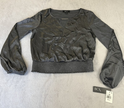 BCX juniors long sleeve gray gunmetal solid crinkle satin blouse size small