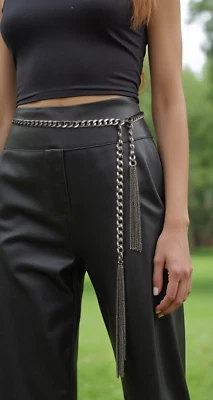 Women Silver Metal Chain Long Fringes Charm Fancy Wrap Around Belt XS S M L XL - image 1 of 4