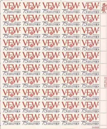 US Stamp 1974 VFW 75th Anniversary - 50 Stamp Sheet - Scott #1525 - Picture 1 of 1