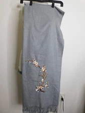 Cashmere Feel Super Soft Gray Shawl Wrap Embroidered Flowers 72 x 28 inches