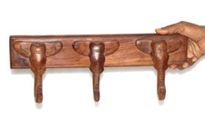 Antique Wooden Wall Hanging 3 Hooks Hanger Original Old Hand Carved
