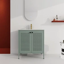 30" Steel Freestanding Bathroom Vanity Cabinet With Ceramic Sink 2 Doors Green