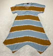 Artesia Womens Size L Blue Yellow Mustard  Striped Midi Boho Dress Asymmetrical