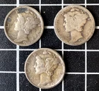 Lot of 3 Mercury Silver Dimes 1923 1940 - 90% US Constitutional Junk Silver