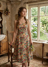 Vtg Talbots Fit & Flare Dress Womens 6 Floral Linen Midi Button Back Cottagecore