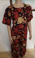 Women Ankara Floral 2 Piece Set Red Gold Black Top  Wide Leg Pants Outfit. L