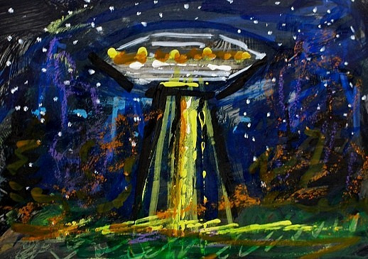 Original ACEO Painting ALIEN Spaceship Stars Night TREES Universe UFO ATC ART