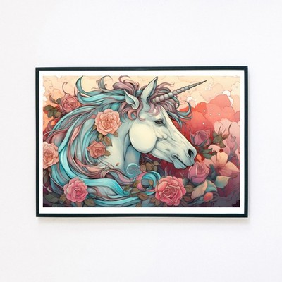 Einhorn Blume Portrait Botanisch Digital Illustration A5 Wanddeko Kunstdruck 