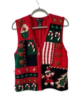 VTG 1994 Eagles Eye Zip Front Holiday Theme Knit Sweater Vest Sz S 