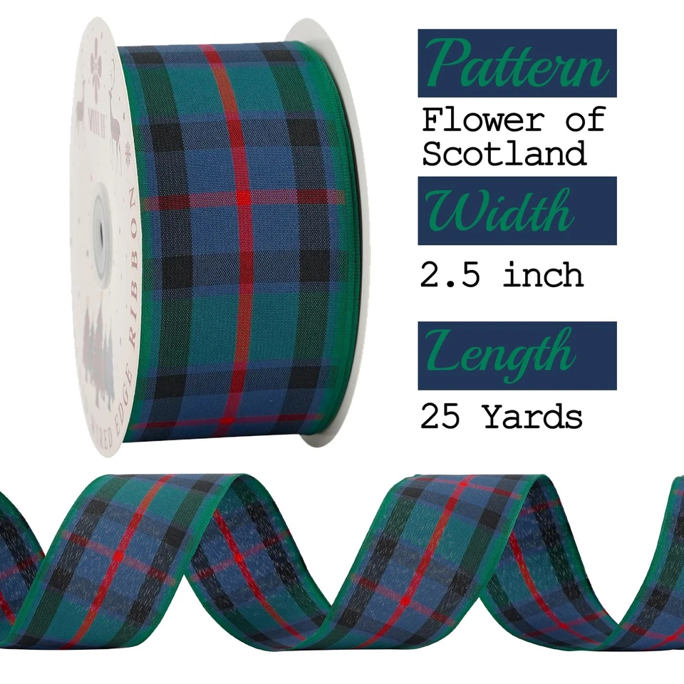 Flower of Scotland Tartan Ribbon 2.5 inch with 25 Yards Gingham Check in Gree... - Image 2 of 4