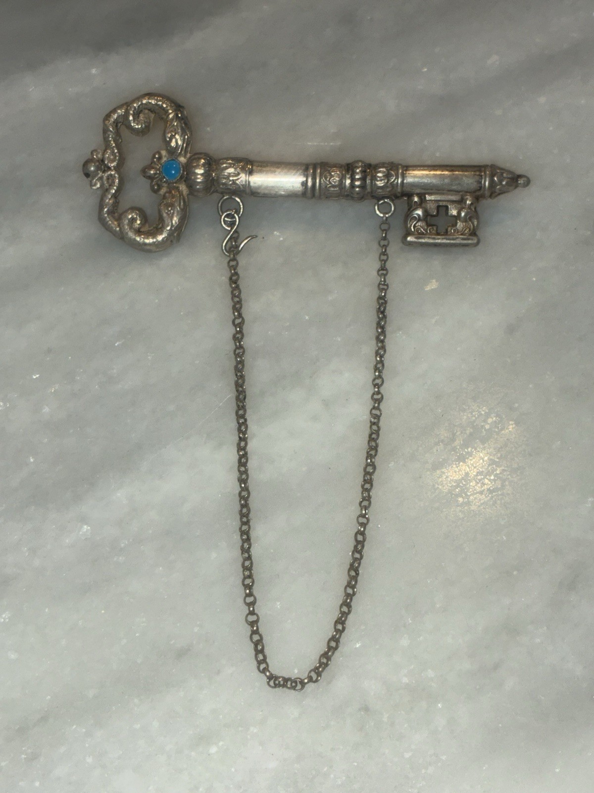 Antique SILVER CHATELAINE Key Needle Case Sterling With Turquoise Stone c1850