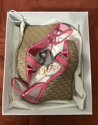 Dior pink platform sandals with brown and beige monogram pattern #platform