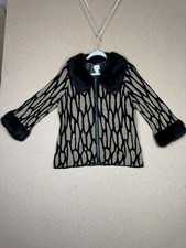 Chico's Faux Fur Trim Full Zip Jacket Sweater Size 1 Medium Abstract Knit Black