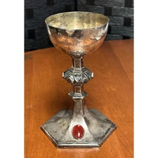 Vintage Ornate Sterling Silver Catholic Chalice Goblet w/ Carnelian Stone