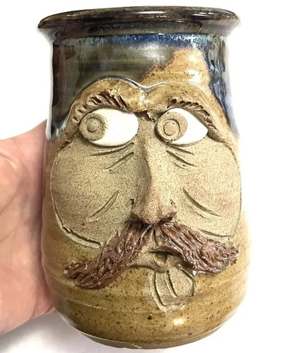 Mans Face Studio Pottery Coffee Mug 3D Handmade Ugly Mug Signed