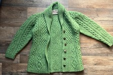 Aran Sweater Market Green Merino Wool Cardigan Made in Ireland Cable Knit