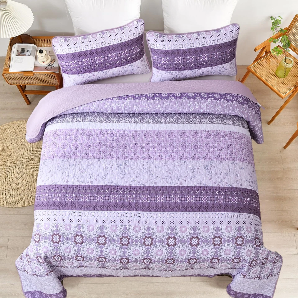 Boho Quilt Set King,Purple Bohemian Striped Patchwork Bedspread Coverlet Set ... - Image 3 of 4