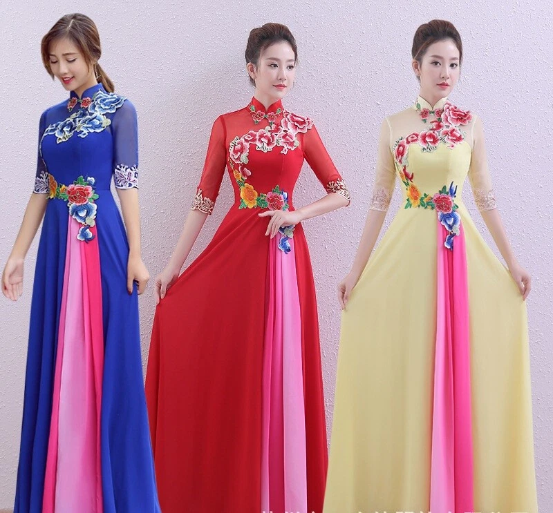 Womens Elegant Formal Ao Dai Dress Vietnamese Traditional Oriental Style  Gown