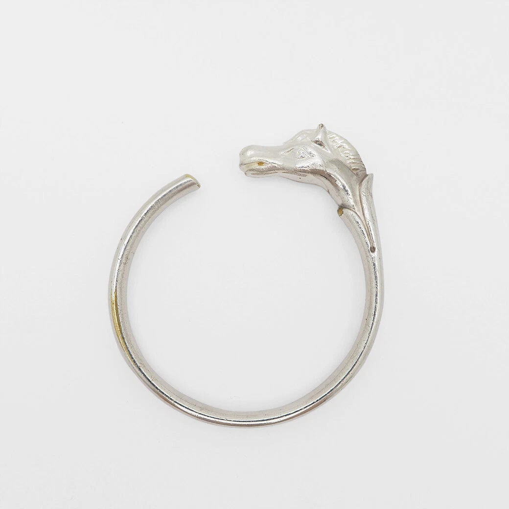 HERMES Bangle Open Bracelet Cheval Horse Head Silver Tone Metal with Box  Auth