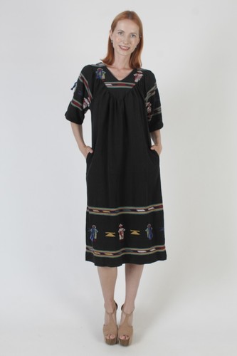 Black Cotton Guatemalan Villager Dress Bell Slv Ethnic Mexican Aztec Pockets - Picture 3 of 7