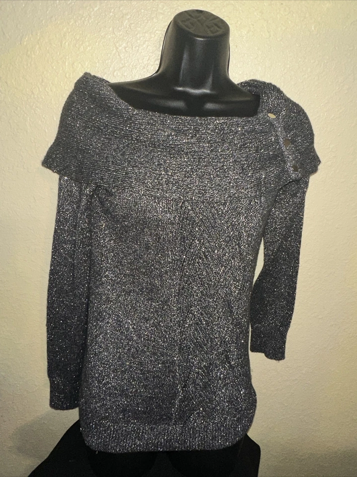 WHBM Pullover Sliver Glitter Sweater Scoop Neck Long Sleeve Size Small  - Изображение 2 из 4
