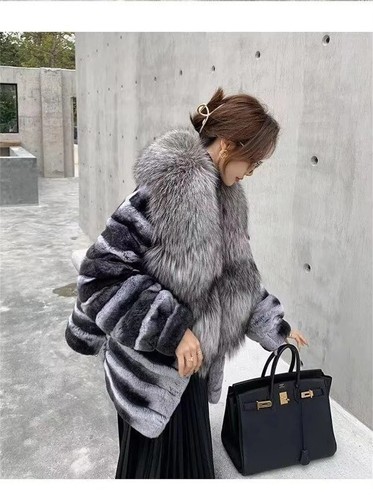 Natural Rabbit Fur Coat Women Monochromatic Hood Warm Large Fur Collar Winter - Bild 12 von 15