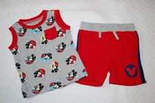 Baby Boys Outfit MICKEY MOUSE MUSCLE TANK TOP Gray, Pocket RED SHORTS Sz 3-6 MO