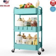 3 Tier Rolling Utility Cart Metal Trolley W/ Wheels Hooks Organizer Storage Cart