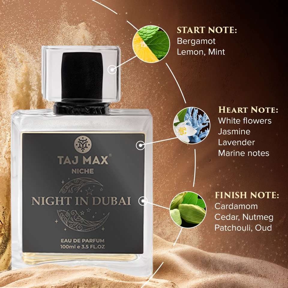 Night in Dubai por Taj Max Niche Eau De Parfum 100 ml 3,4 OZ Spray Unisex Foto 2 de 4