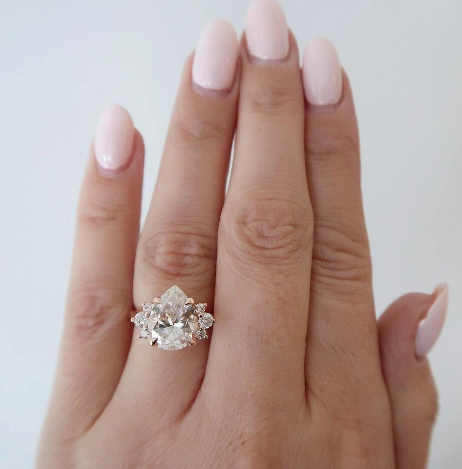 10k Solid Rose Gold 2.2 Ct Colorless Pear Cut Moissanite Cluster Engagement Ring - Image 3 of 4