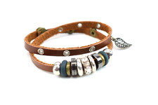 Leather Double Wrap Bracelet with Stacked Beads  Leaf Charm Boho Fashion